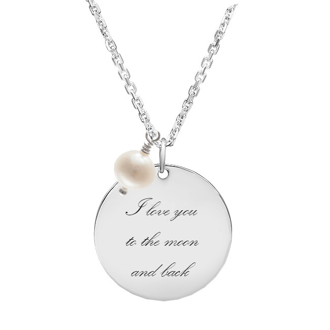 Silver plated pendant with Your engraved text + pearl