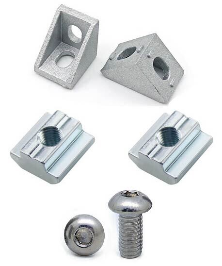 Jeu de connecteurs profilé aluminium série 2020 1 support d&#39;angle + 2 écrous M5 série 20 à fente en T + 2 bouchons hexagonaux E M5x8mm métal
