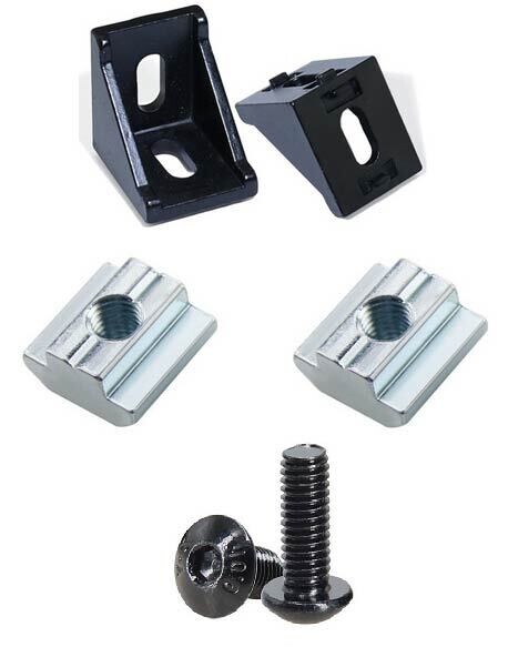 Jeu de connecteurs profilé aluminium série 2020 1 support d&#39;angle + 2 écrous M5 série 20 à fente en T + 2 bouchons hexagonaux E M5x8mm noir
