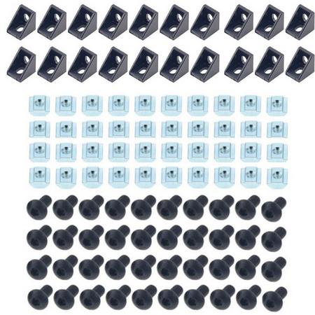 Set de connecteurs de Profilés en Aluminium 1 Support d'Angle + 2 Écrous M5 à Rainure en T de la Série 20 + 2 Capuchons de Douille Hexagonaux M5 x 8 mm, série 2020 couleur noir