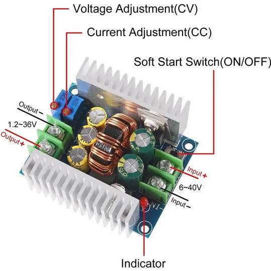 Module de conversion de tension DC-DC de 6-40V à 1.2-36V sortie tension ajustable alimentation 300W 20A CC
300W 20A