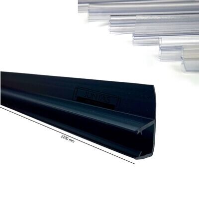 Junta de PVC en forma de( F), color negro con aleta de 12 mm, largo 2200 mm.