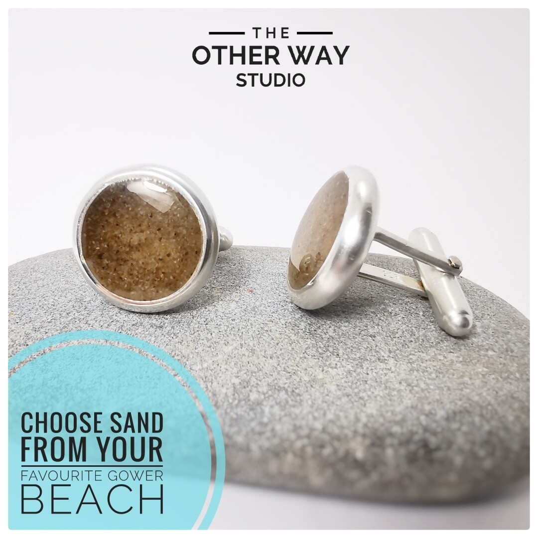 Handmade Silver & Your Favorite Gower Beaches Sand Cuff link Set
