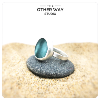 Adjustable Size - Stormy Turquoise - Silver & Sea Glass Ring