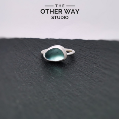 Handmade Silver & Sea Glass Ring 
"Deep Water Heartbeat"