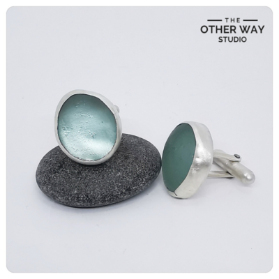 Handmade Silver & Light Turquoise Sea Glass Cufflinks - Brushed Finish