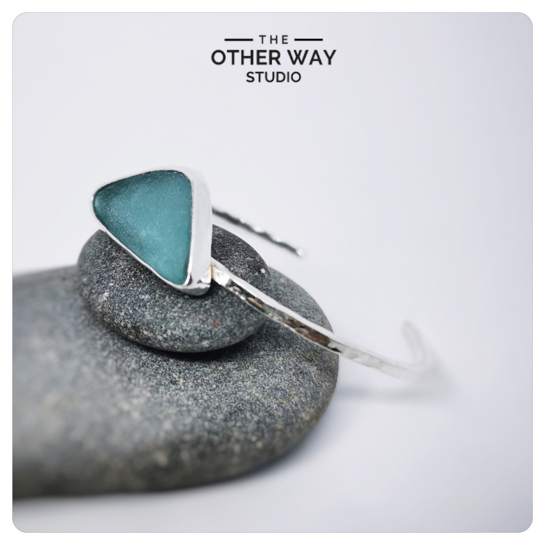 Silver & Sea Glass Open Cuff Bracelet in Turquoise