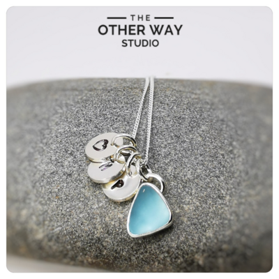 Silver & Sea Glass Pendant & Necklace - Aqua with Hand Stamped Disc