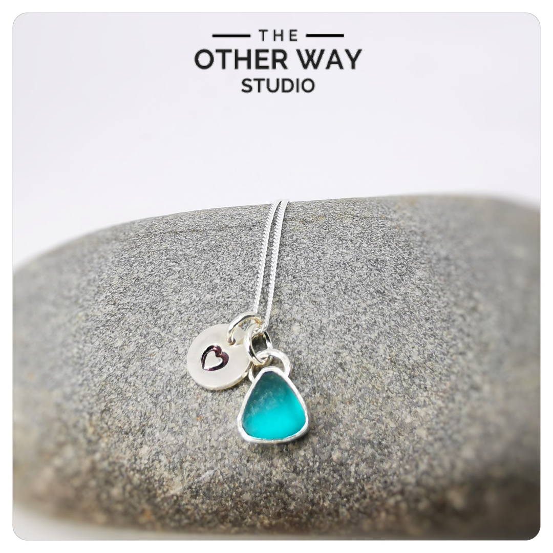 Silver & Sea Glass Pendant & Necklace - Turquoise with Hand Stamped Disc