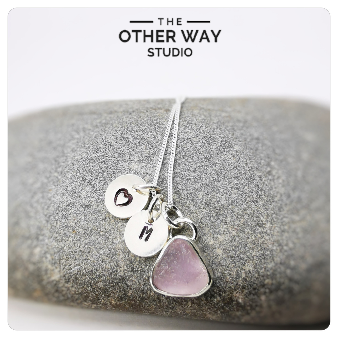 Silver & Sea Glass Pendant & Necklace - Dusty Pink with Hand Stamped Disc