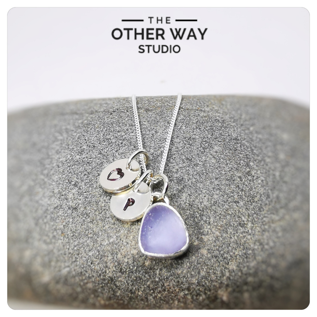 Silver & Sea Glass Pendant & Necklace - Lilac with Hand Stamped Disc