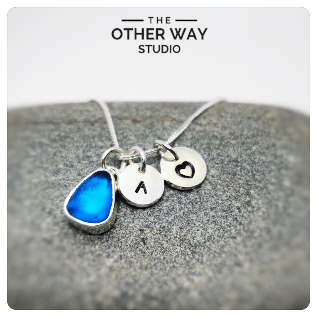 Silver & Sea Glass Pendant & Necklace - Azure blue with Hand Stamped Disc