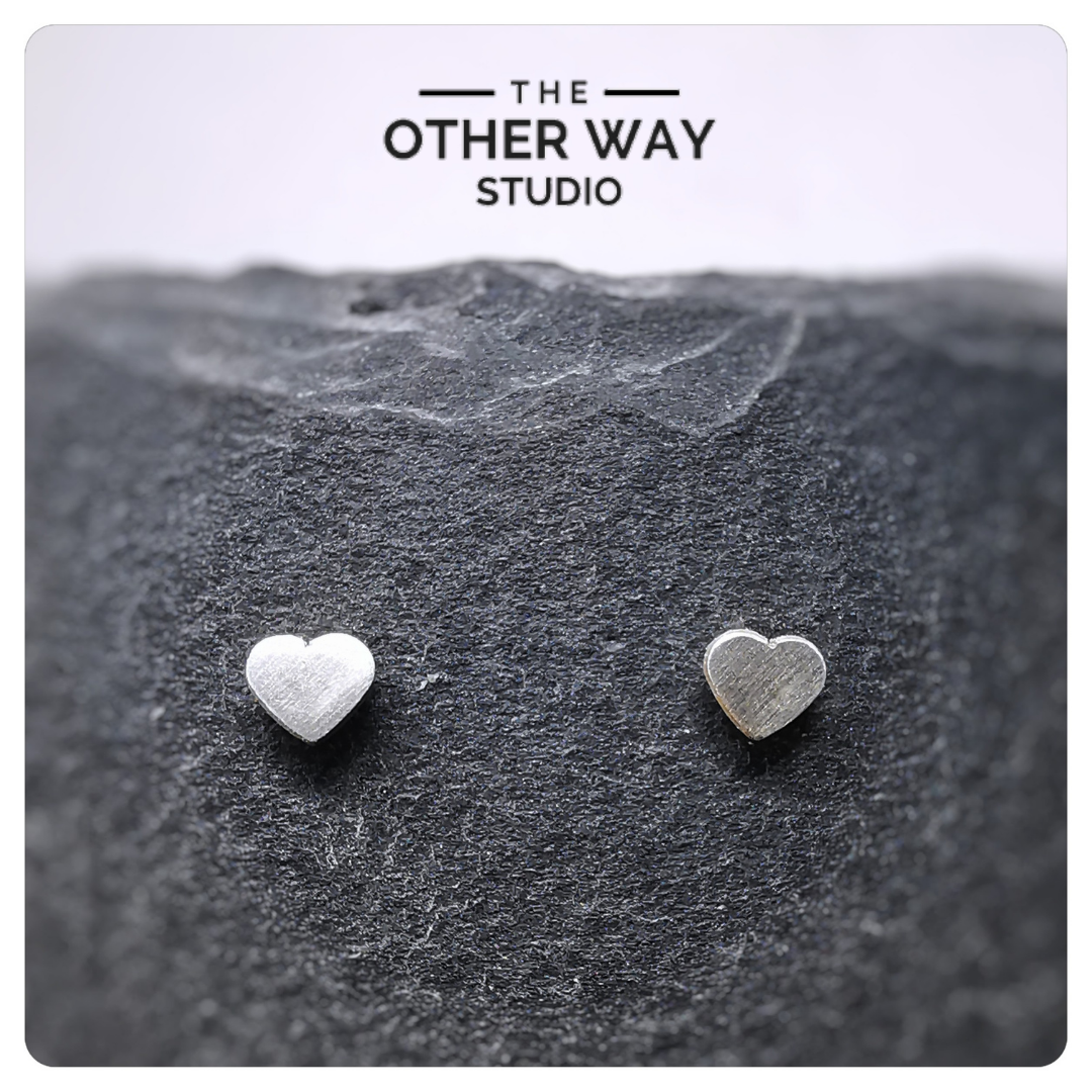Handmade Recycled Silver Heart Studs - brushed finish