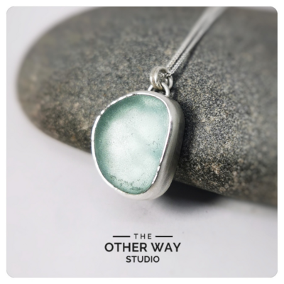Recycled Silver & Sea Glass Pendant & Necklace -  Stormy Seafoam