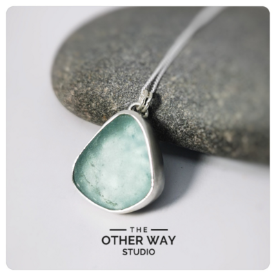 Recycled Silver & Sea Glass Pendant & Necklace -  Stormy Seafoam