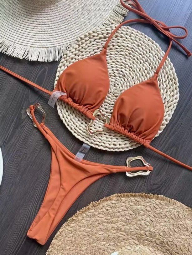 Metal Ring Bikini Set Solid Color 2 Piece