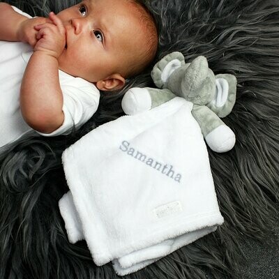 Personalised Plush Grey Elephant and White Comforter for Baby