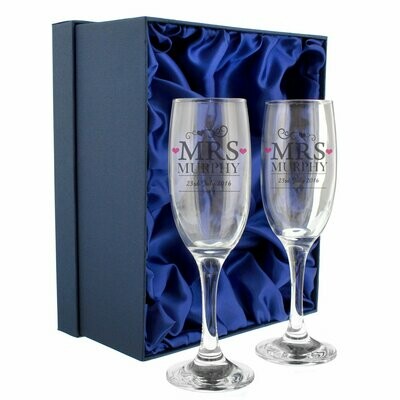 Personalised Mrs & Mrs Pair of Flutes with Gift Box