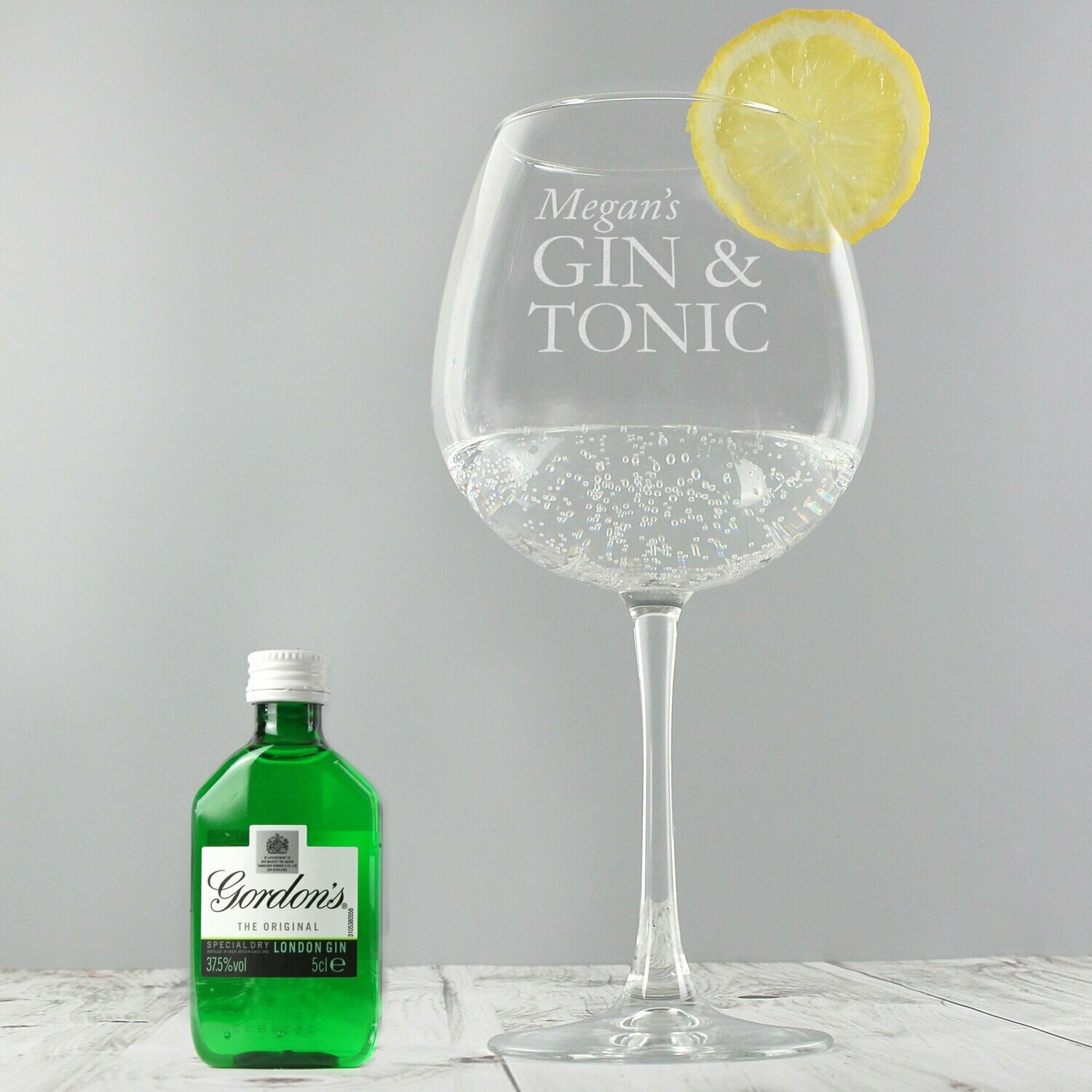 Personalised Gin & Tonic Balloon Glass with Gin Miniature Set