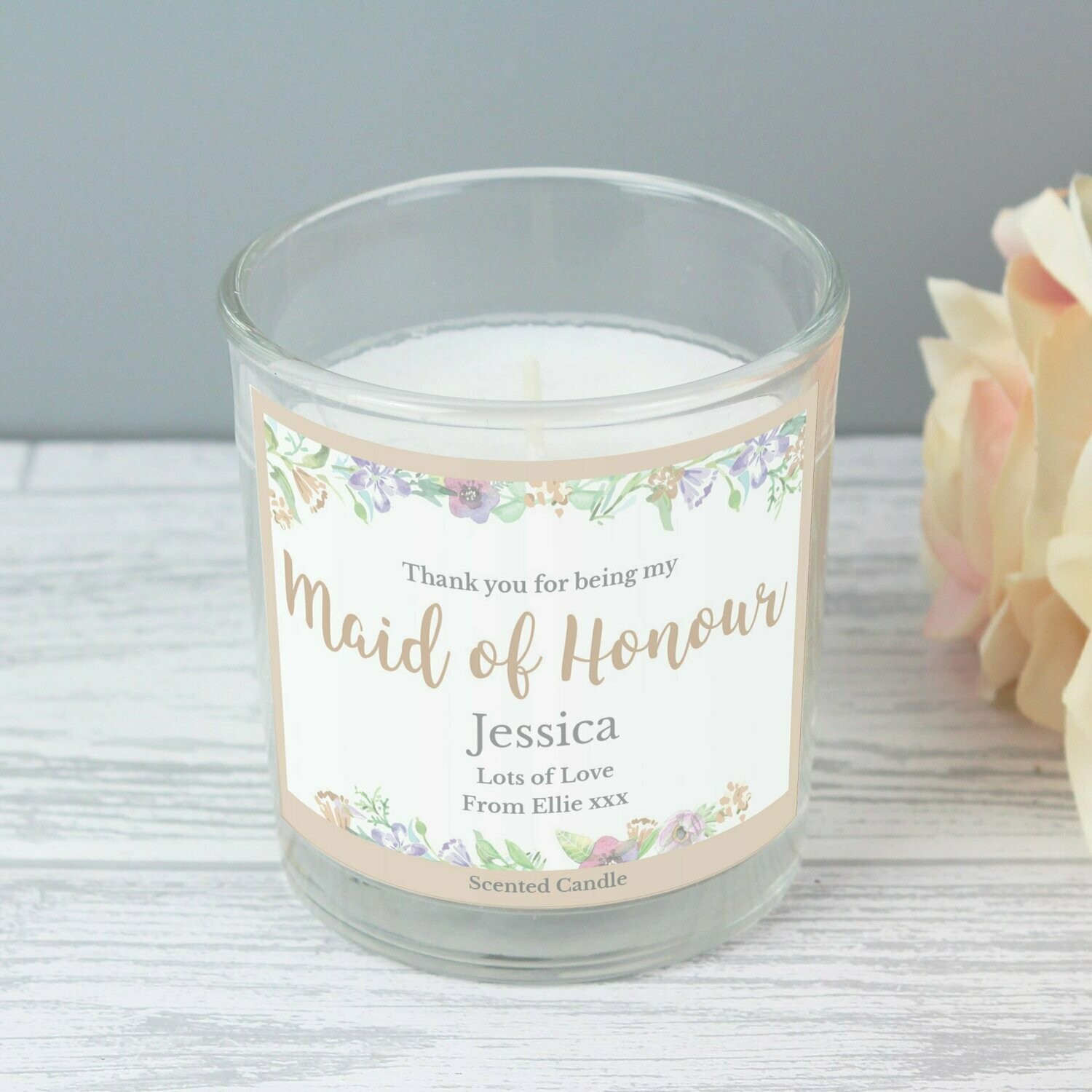 Personalised Maid of Honour 'Floral Watercolour Wedding' Scented Jar Candle