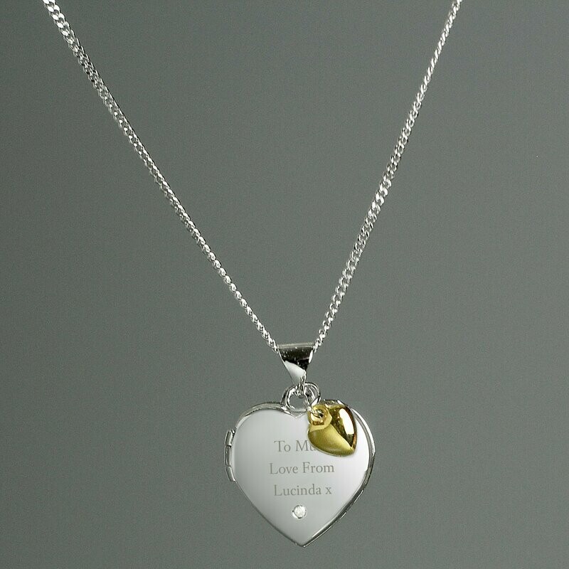 Personalised Sterling Silver Heart Locket Necklace with Diamond and 9ct Gold Charm - message