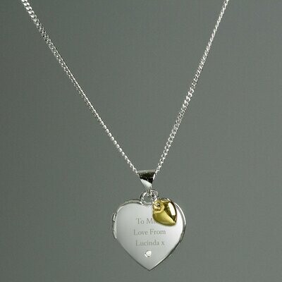 Personalised Sterling Silver Heart Locket Necklace with Diamond and 9ct Gold Charm - message