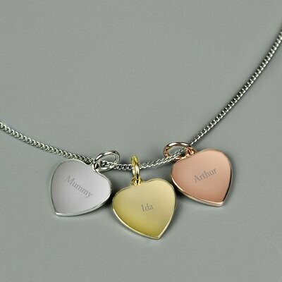 Personalised Gold, Rose Gold and Silver 3 Hearts Necklace - Names