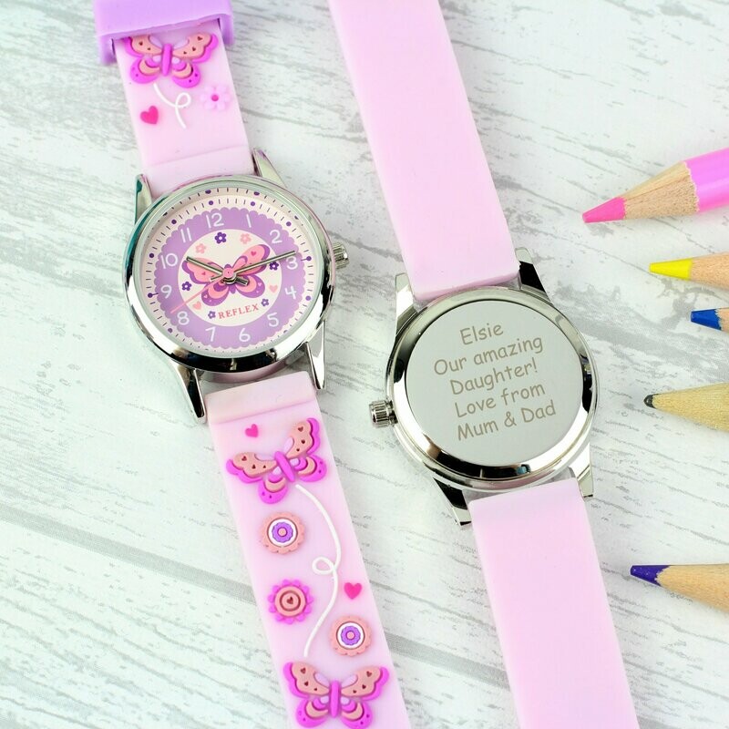 Personalised Kids Pink Time Teacher Butterfly Watch with Presentation Box