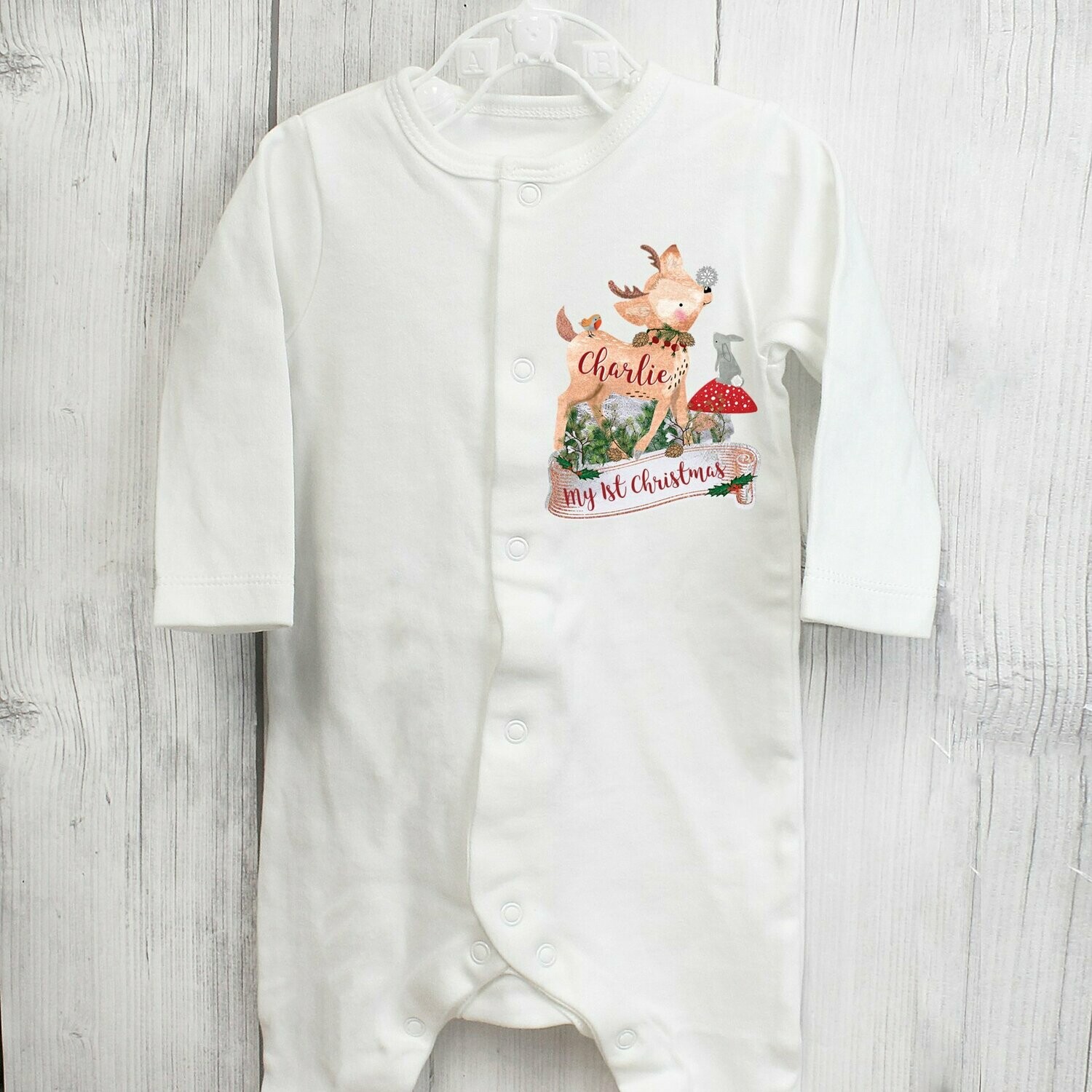 Personalised Festive Fawn 0-3 Months Baby Grown