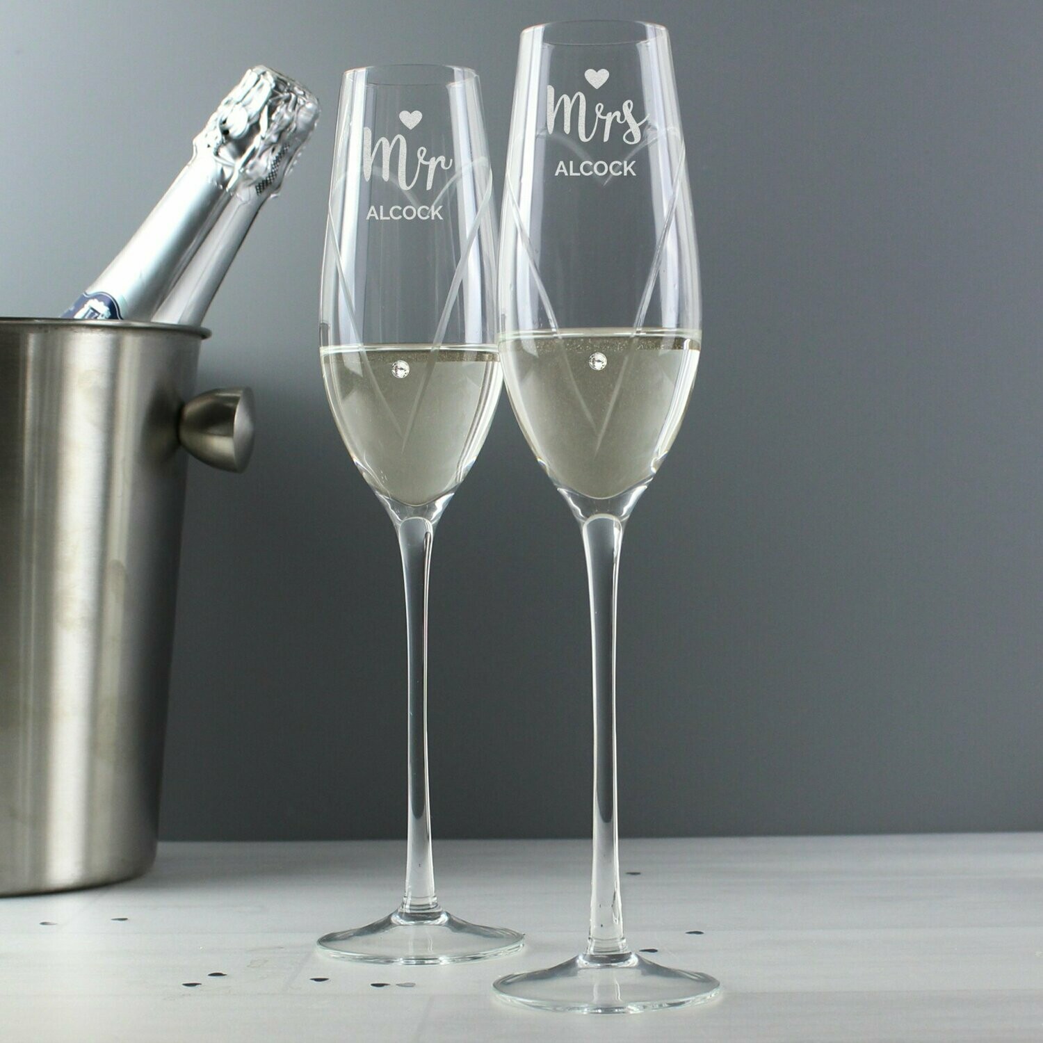 Personalised Hand Cut Mr & Mrs Pair of Flutes with Swarovski Elements in Gift Box