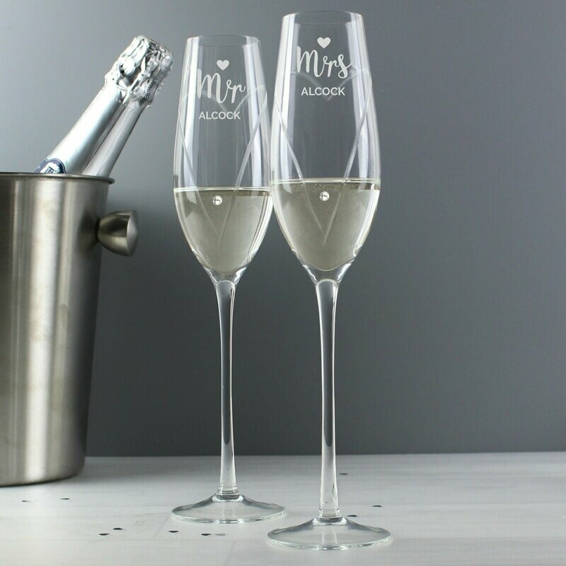 Personalised Hand Cut Mr & Mrs Pair of Flutes with Swarovski Elements in Gift Box