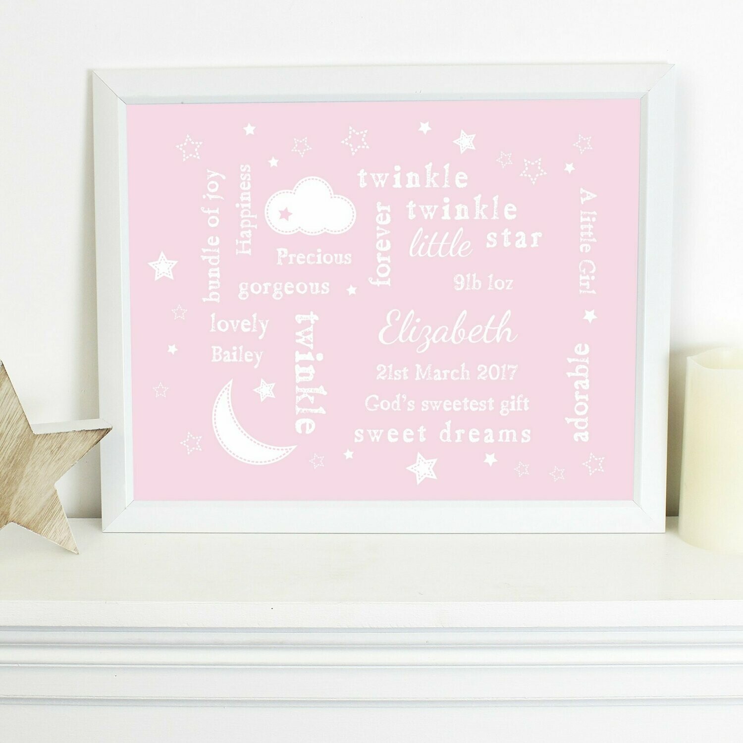 Personalised Pink Twinkle Twinkle Typography White Framed Print
