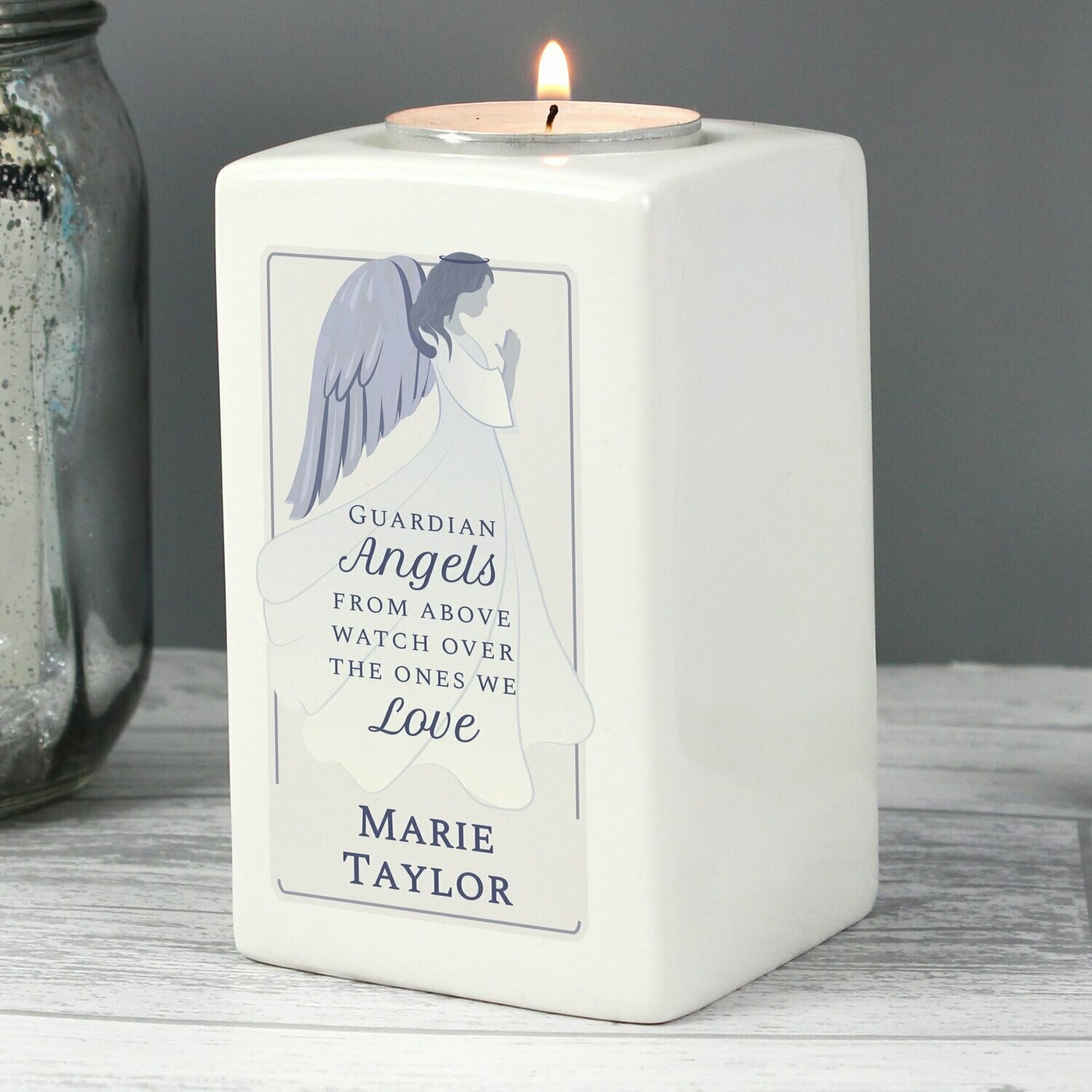 Personalised Guardian Angel Ceramic Tea Light Candle Holder