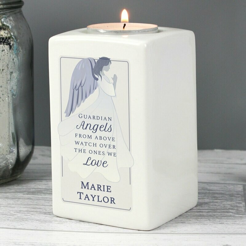 Personalised Guardian Angel Ceramic Tea Light Candle Holder