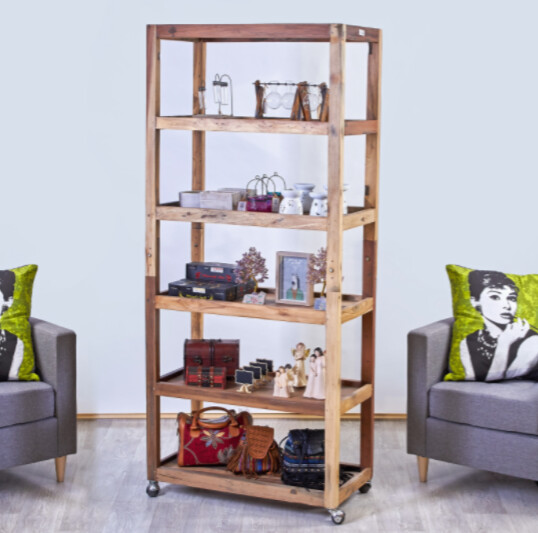 Six Shelf Display with Casters - Recycled Wood
