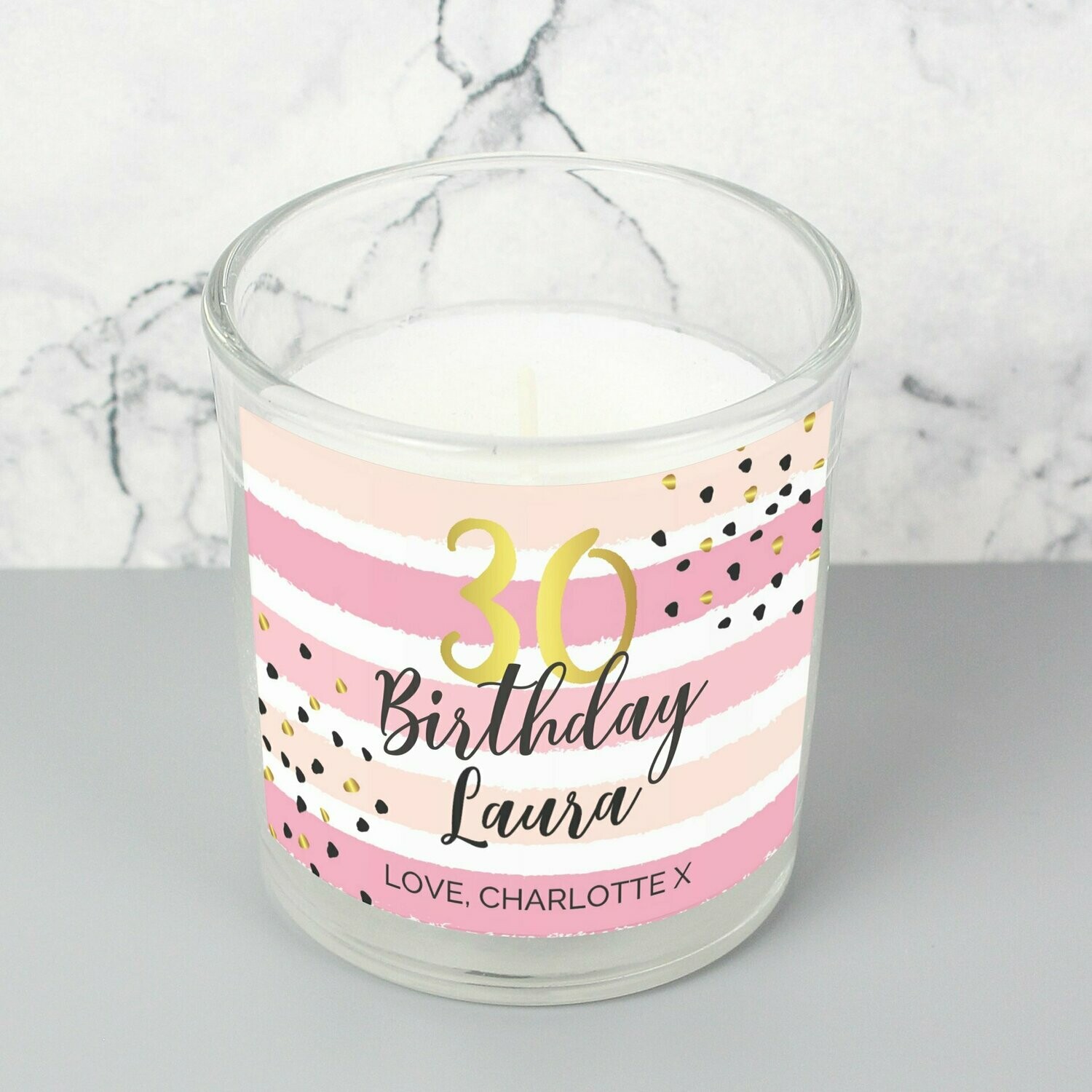Personalised Birthday Gold and Pink Stripe Scented Jar Candle