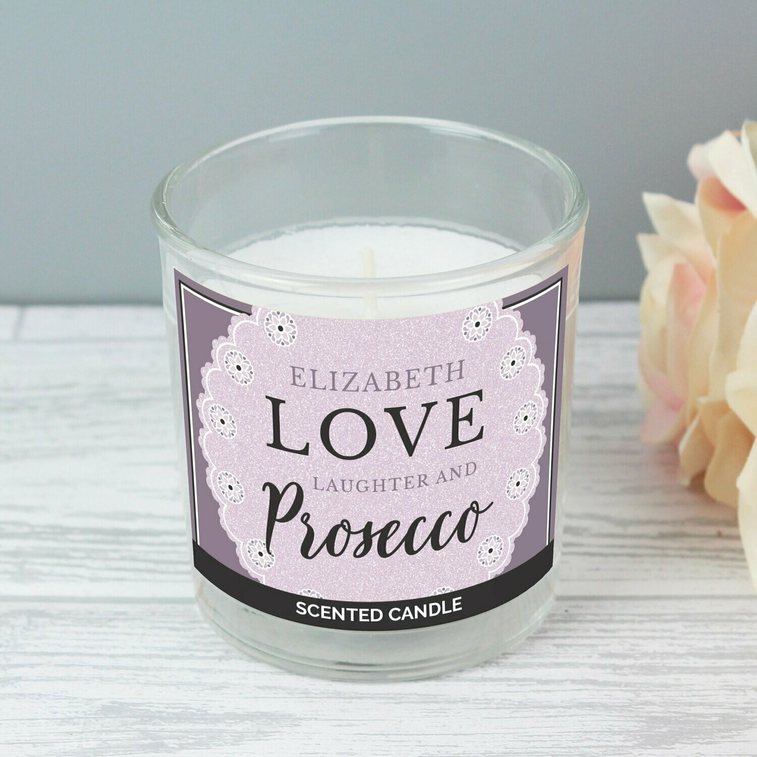 Personalised Lilac Lace 'Love Laughter & Prosecco' Scented Jar Candle