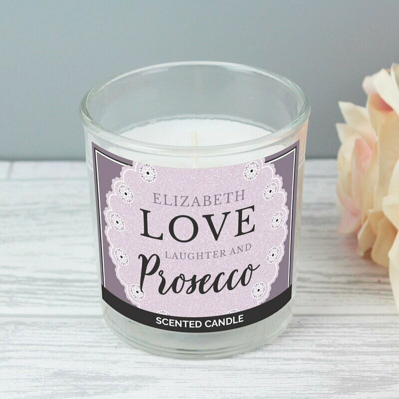 Personalised Lilac Lace 'Love Laughter & Prosecco' Scented Jar Candle