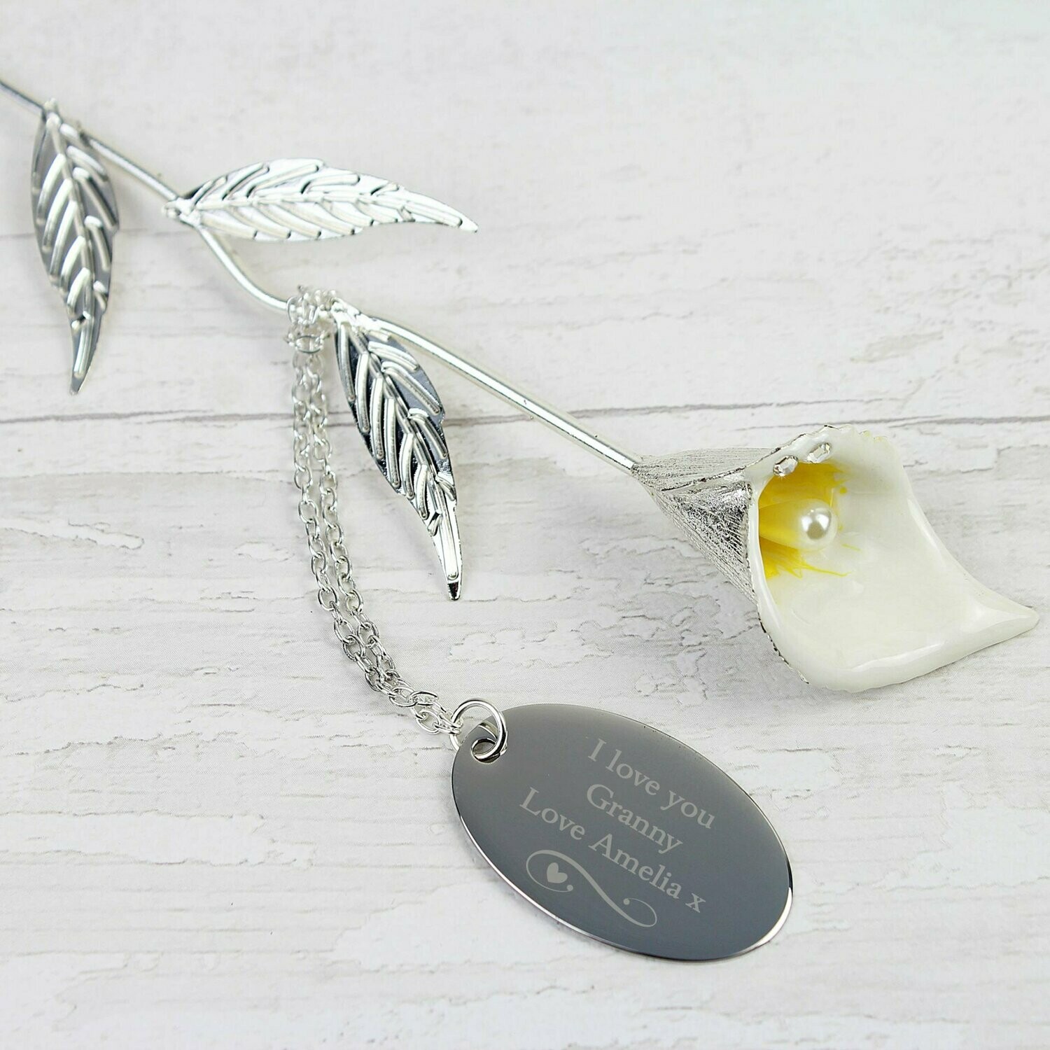 Personalised Swirls & Hearts Silver Plated Calla Lily Flower Ornament