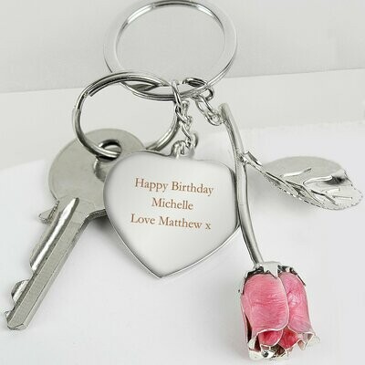 Personalised Silver Plated Pink Rose Keyring