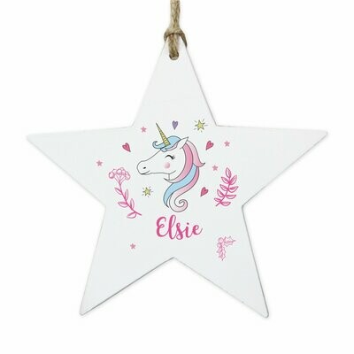 Personalised Unicorn Wooden Star Decoration