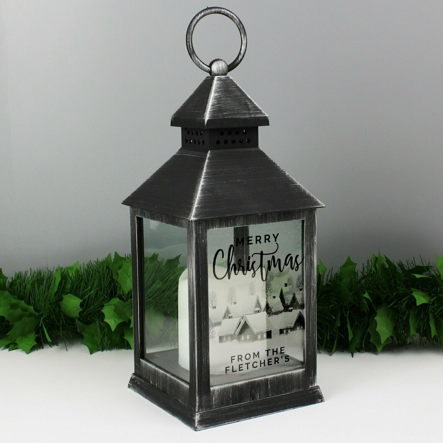 Personalised Town Christmas Rustic Black Lantern