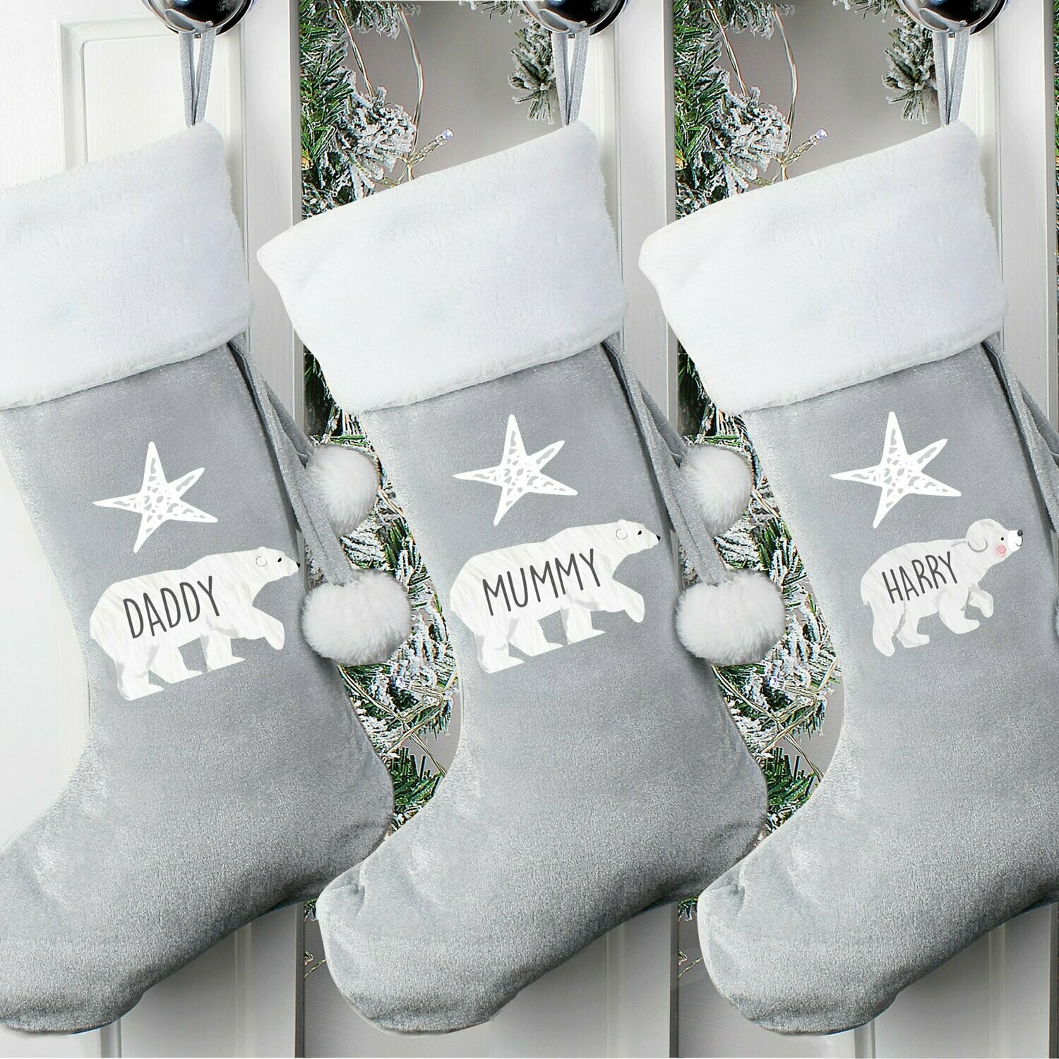 Personalised Baby Polar Bear Luxury Silver Grey Stocking