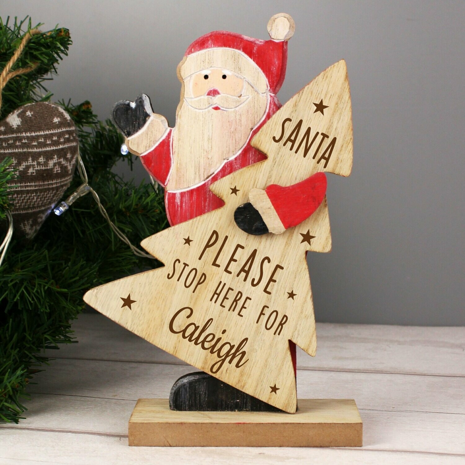 Personalised Santa Stop Here Wooden Santa Decoration