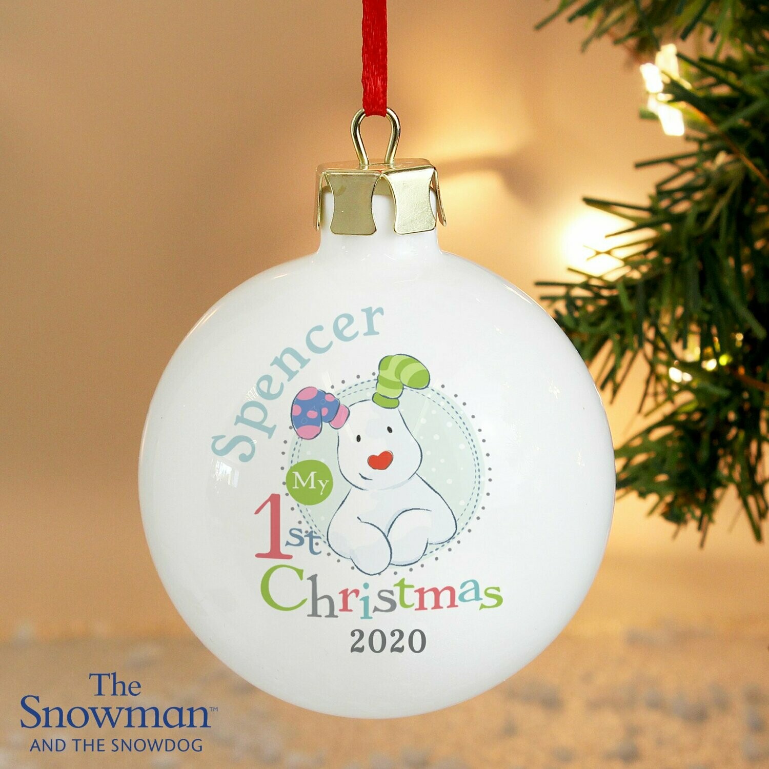 Personalised The Snowman and the Snowdog My 1st Christmas Blue Bauble