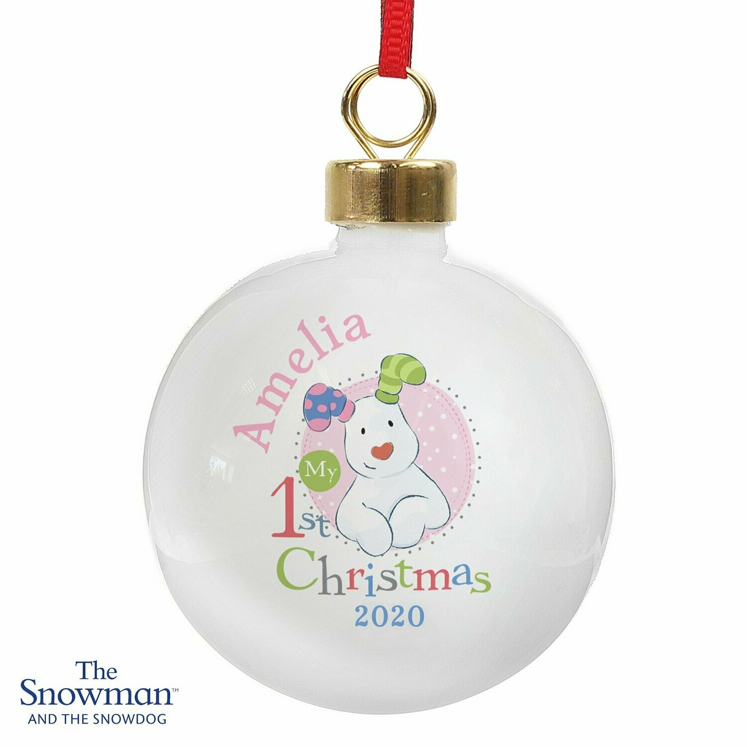 Personalised The Snowman and the Snowdog My 1st Christmas Pink Bauble