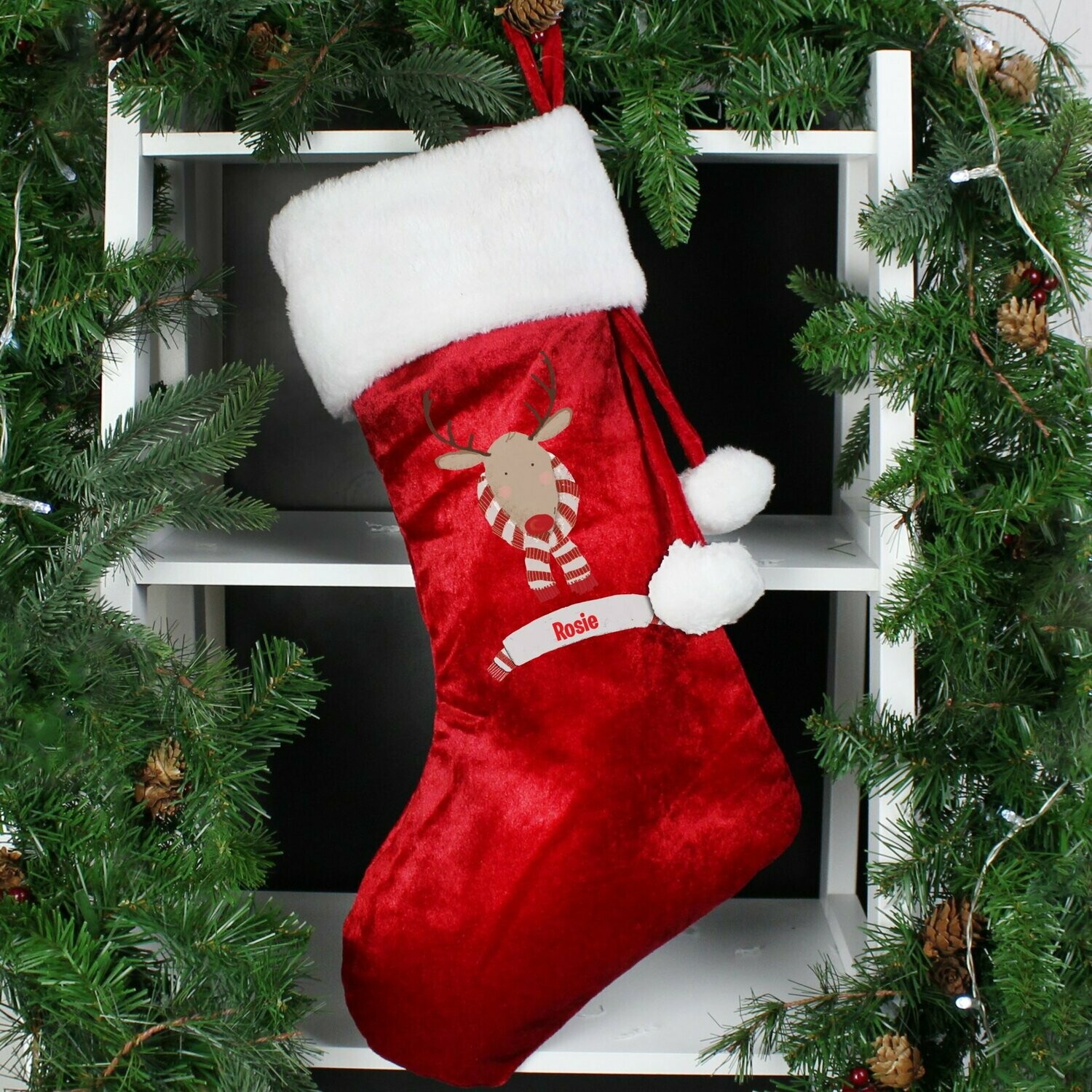 Personalised Retro Reindeer Luxury Red Stocking