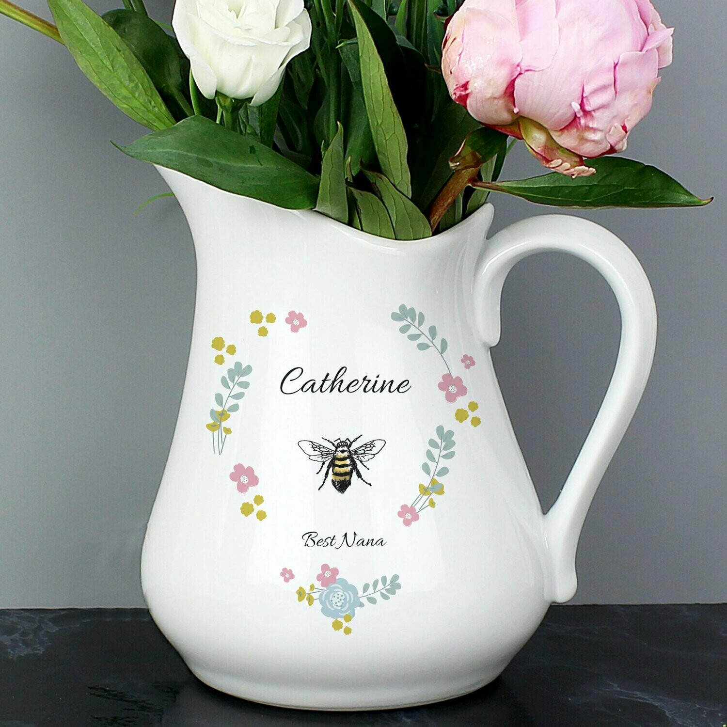 Personalised Bee Happy Ceramic Flower Jug