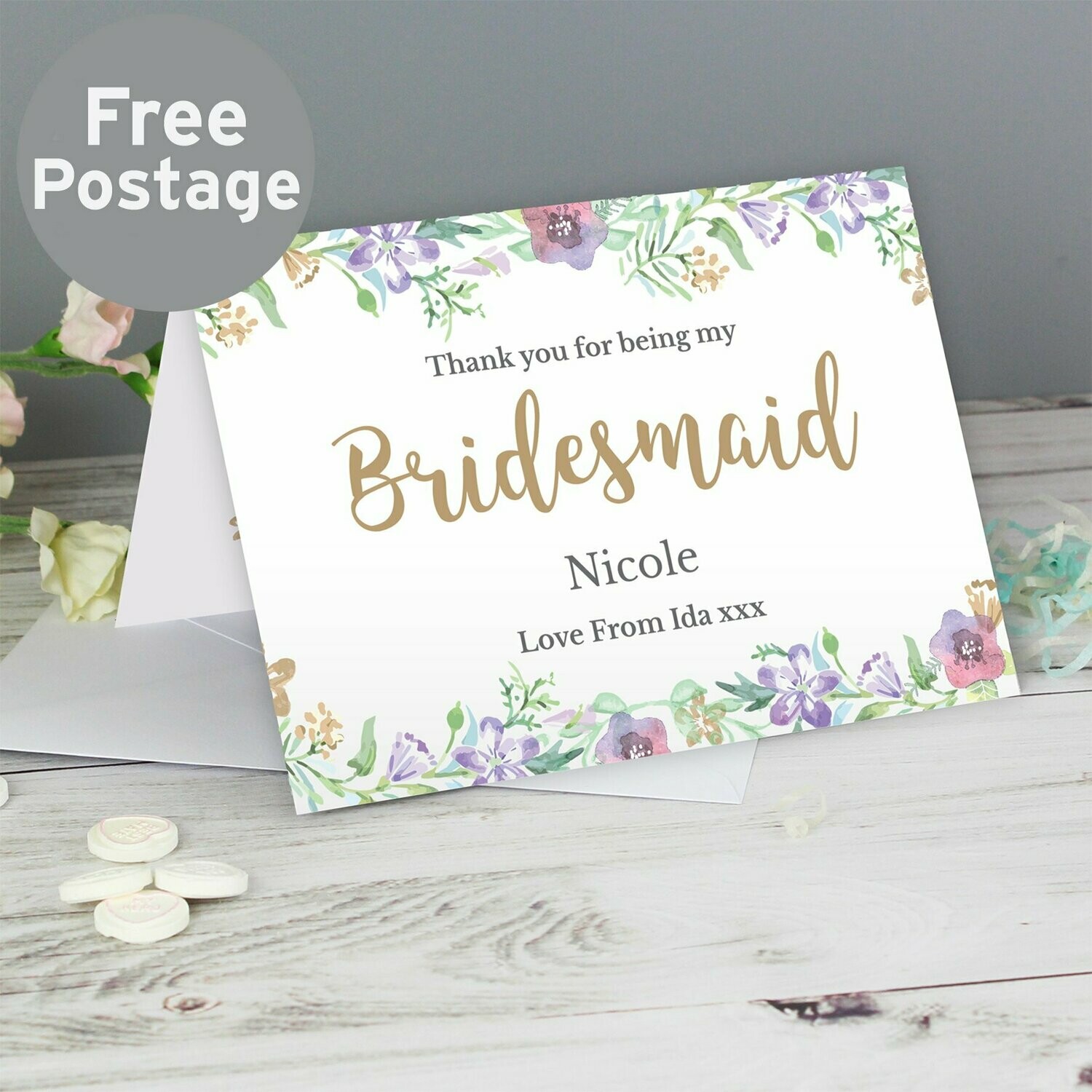 Personalised Bridesmaid 'Floral Watercolour Wedding' Card