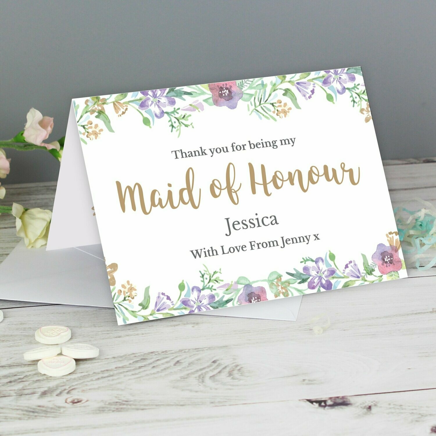 Personalised Maid of Honour 'Floral Watercolour Wedding' Card